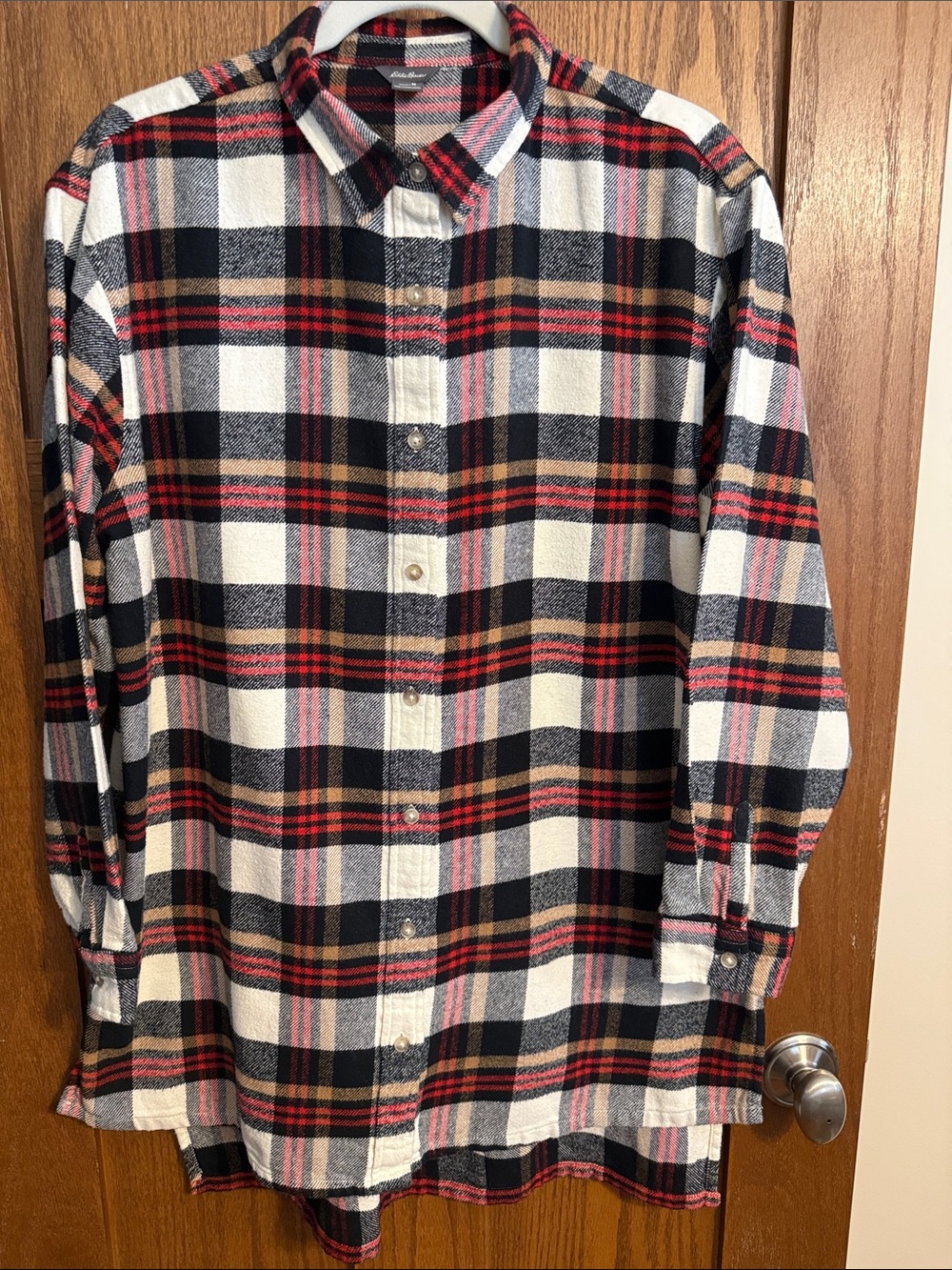 Eddie Bauer Red, Black, Tan & White Plaid Button-Down Flannel Shirt Tunic Length